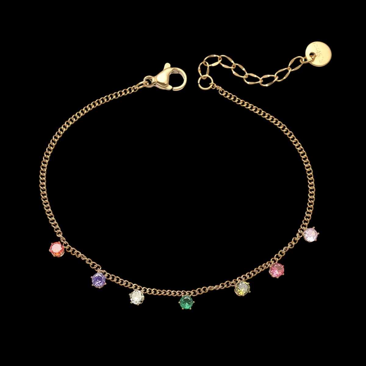 A fine golden-tone bracelet with small dangling stones in a rainbow of colors.