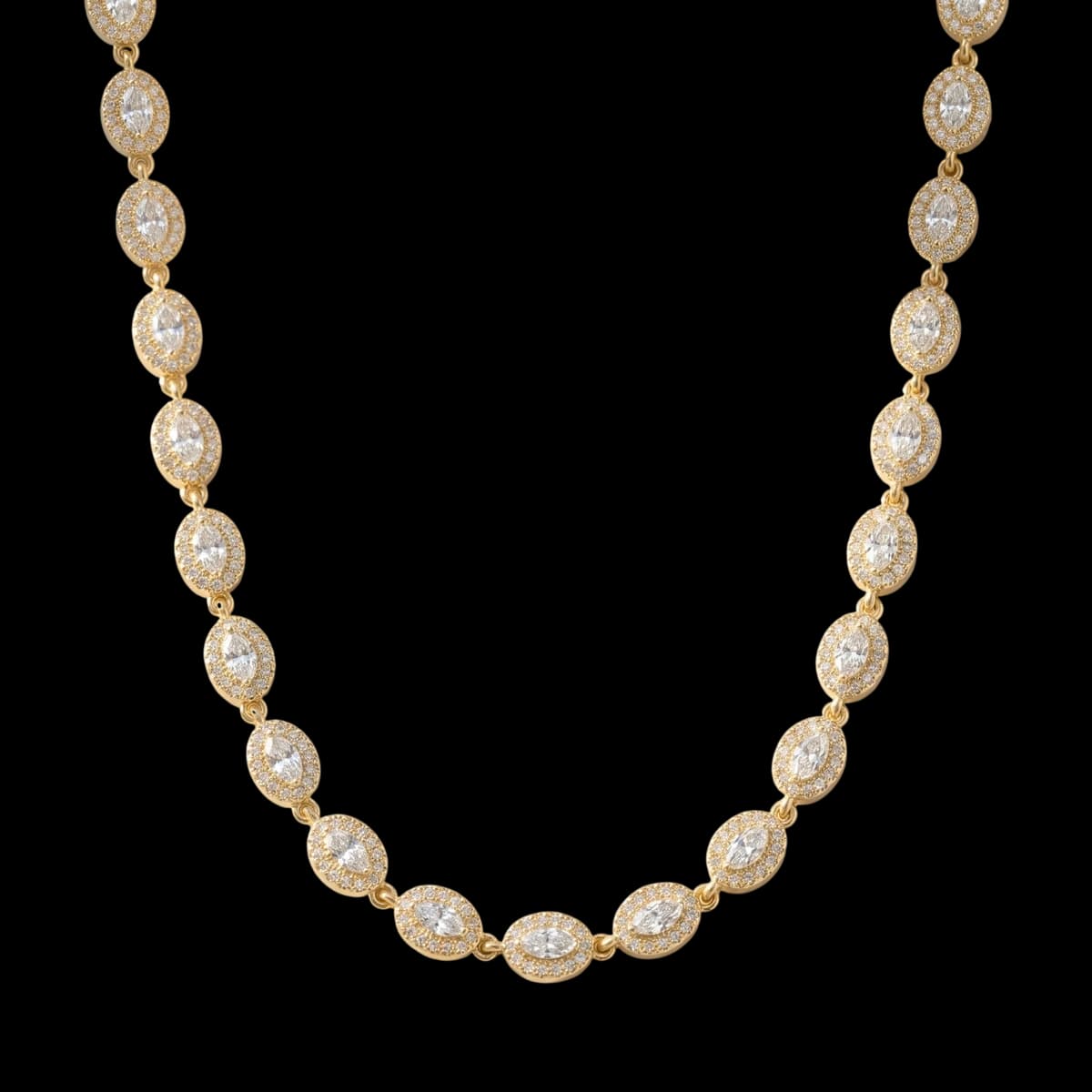A necklace of clear oval stones framed by delicate sparkling halos.